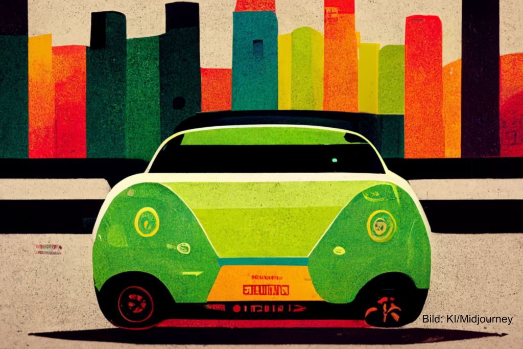 Ein grünes Auto aus China steht vor einer Skyline. Ein Bild, gemalt von der KI Midjourney. Symbolbild für Audi verklagt Nio.