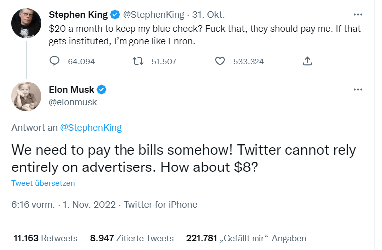 Witzige Tweets von verifizierten Accounts auf Twitter, nachdem Elon Musk das Unternehmen gekauft hat.